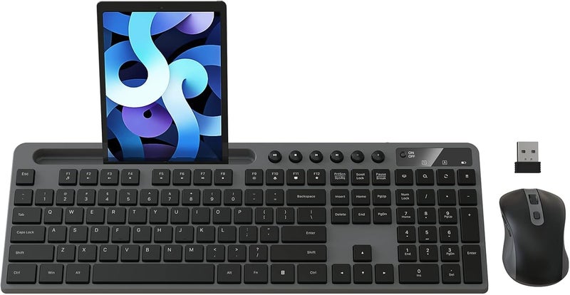 MARVO Wireless Keyboard and Mouse Combo, 2.4G Ergonomic Wireless Computer Keyboard with Phone Tablet Holder, Silent Mouse with 6 Button, Compatible with MacBook, Windows (Grey) - Image 1